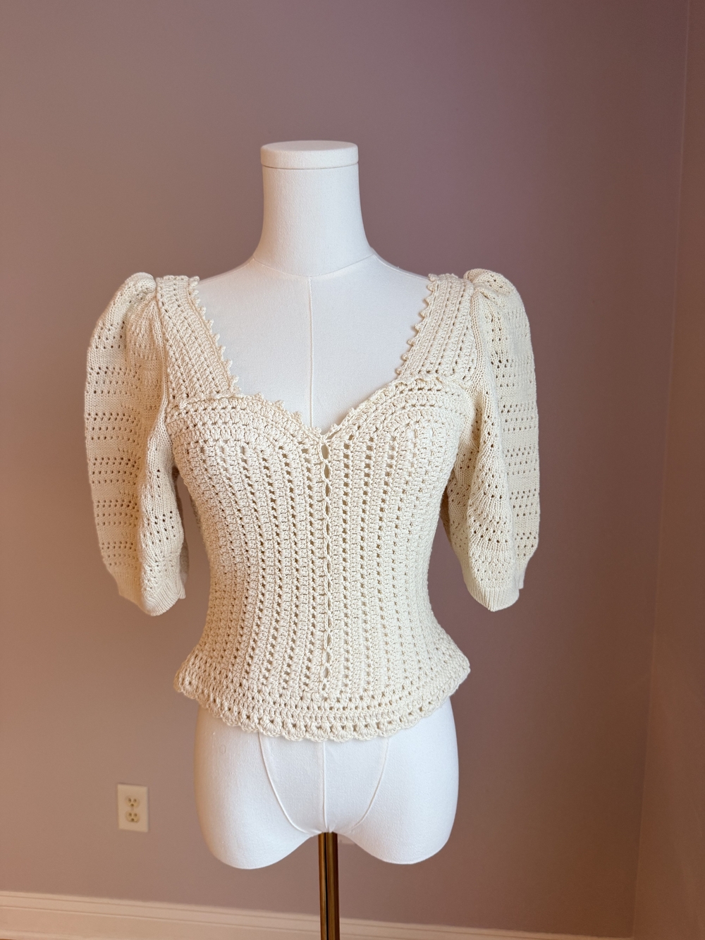 ba&sh Cream Crochet Puff-Sleeve Top